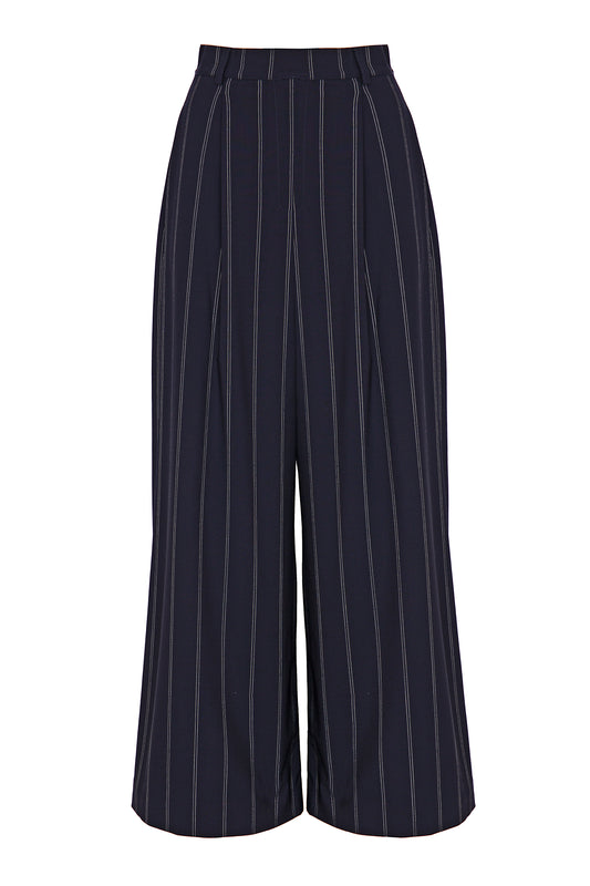 Pantalone a palazzo in lana blu gessato