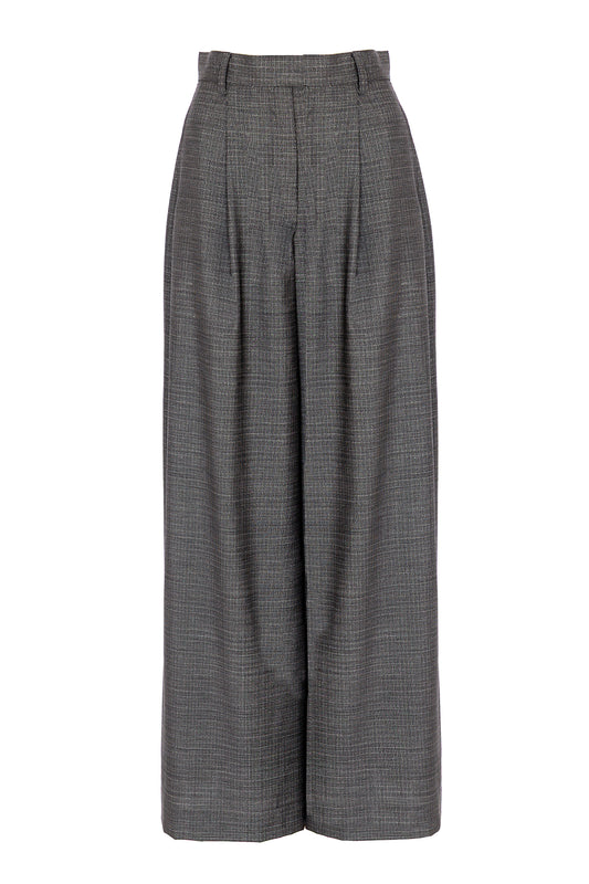 Pantalone a palazzo in lana trama nero e bianco