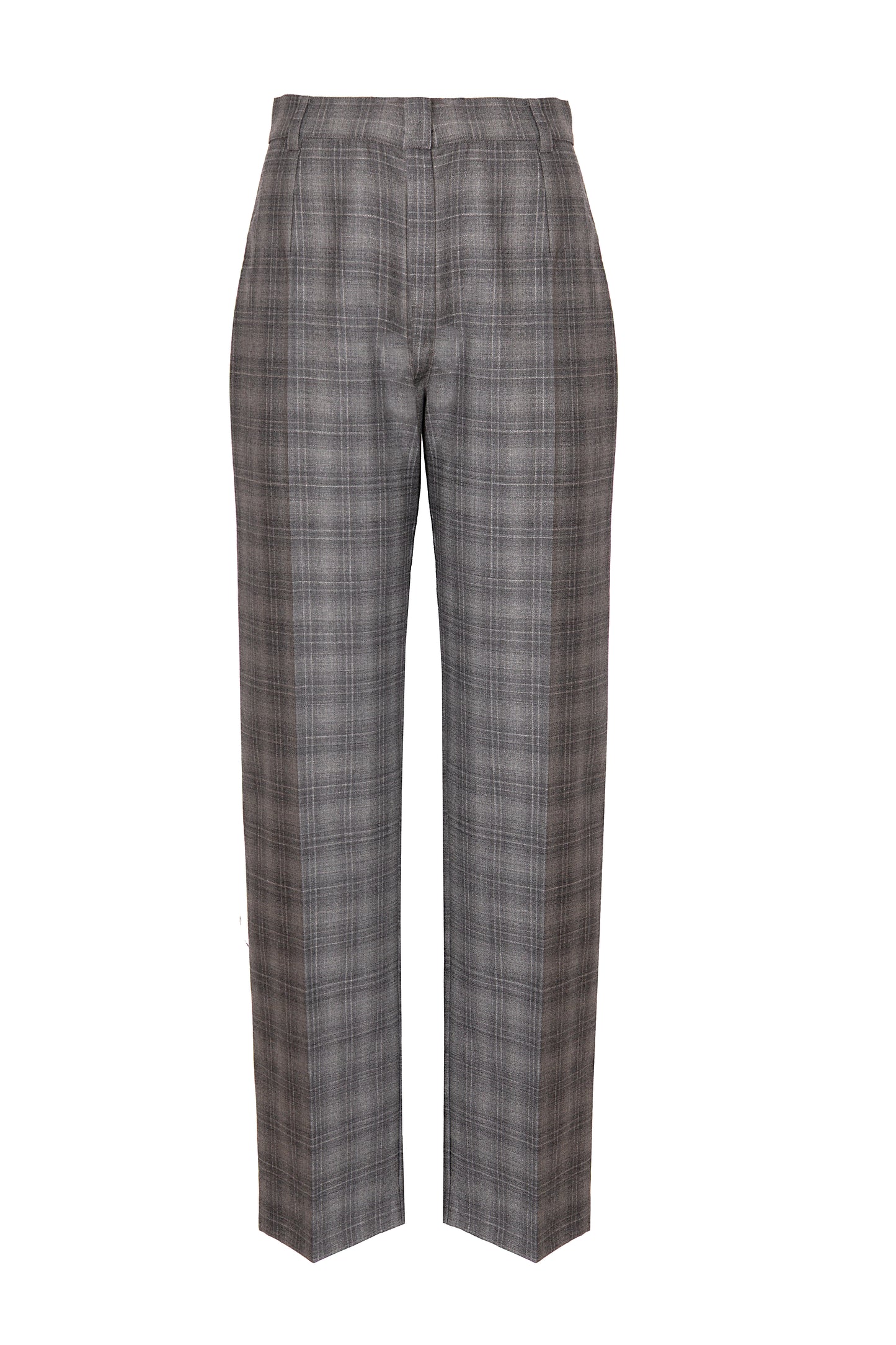 Pantalone dritto in lana grigio con piega stirata fantasia a quadri