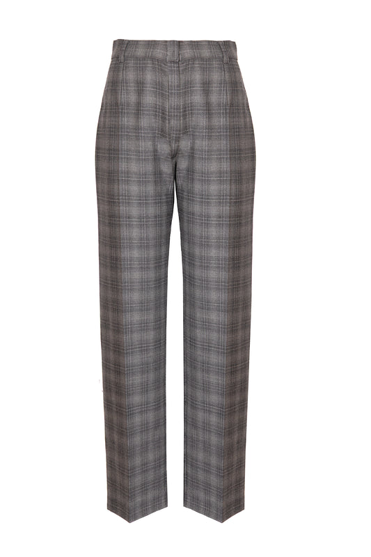Pantalone dritto in lana grigio con piega stirata fantasia a quadri