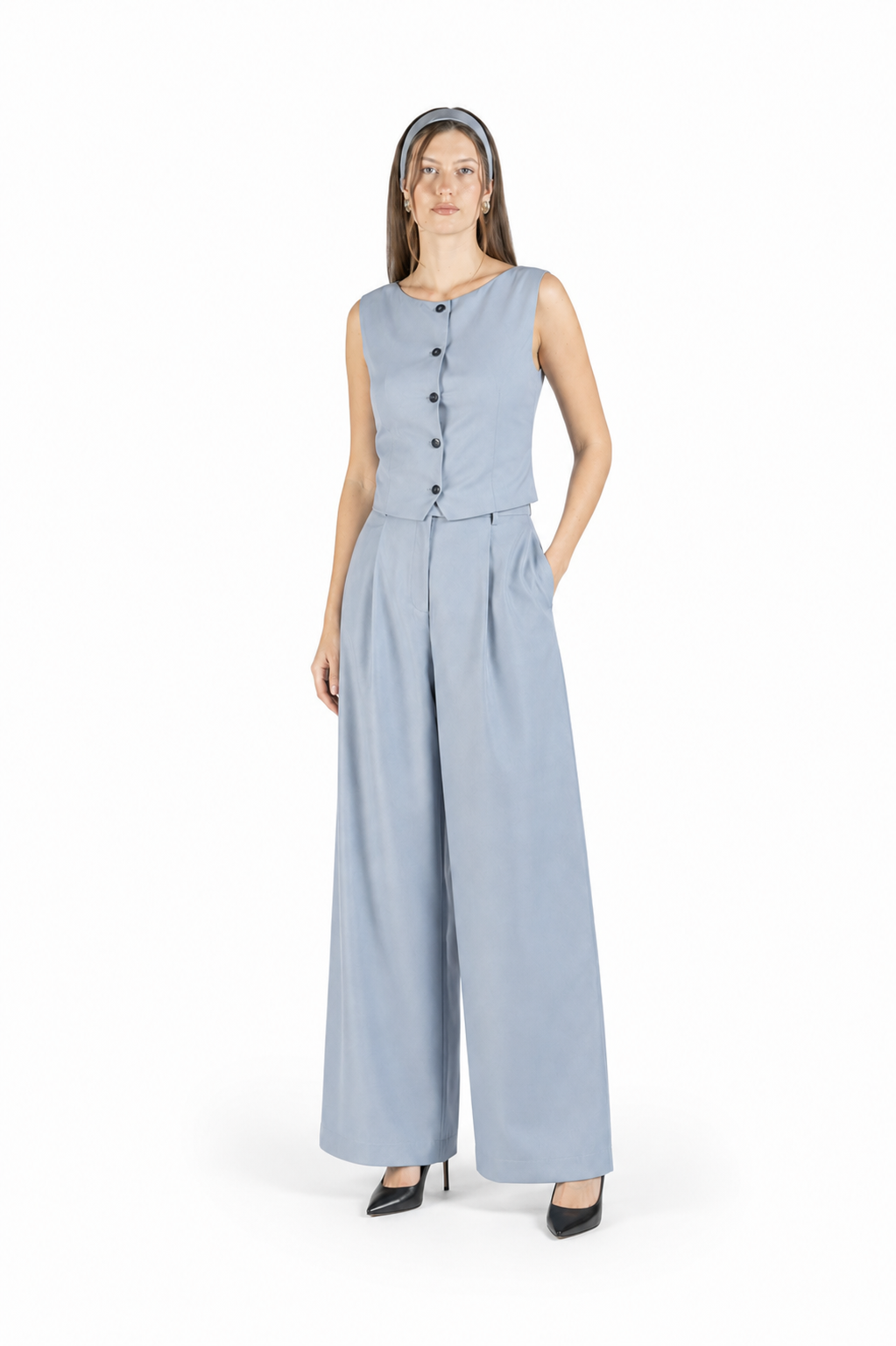 Completo gilet e pantalone in lana azzurro ceruleo