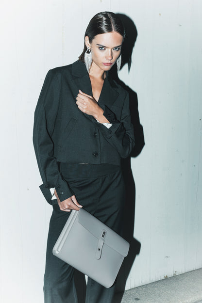 Blazer destrutturato crop in lana grigio gessato