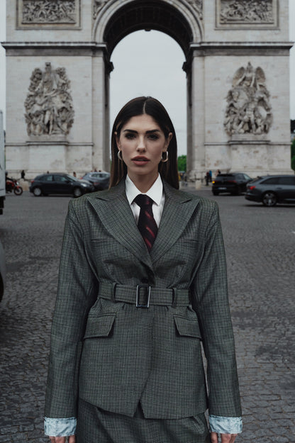 Blazer con cintura in lana trama verde e nera con fodera a vista su manica