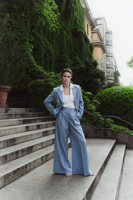 Pantalone a palazzo in lana azzurro ceruleo