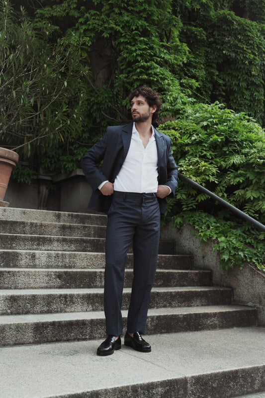Pantalone dritto con piega stirata in lana trama blu e bianco
