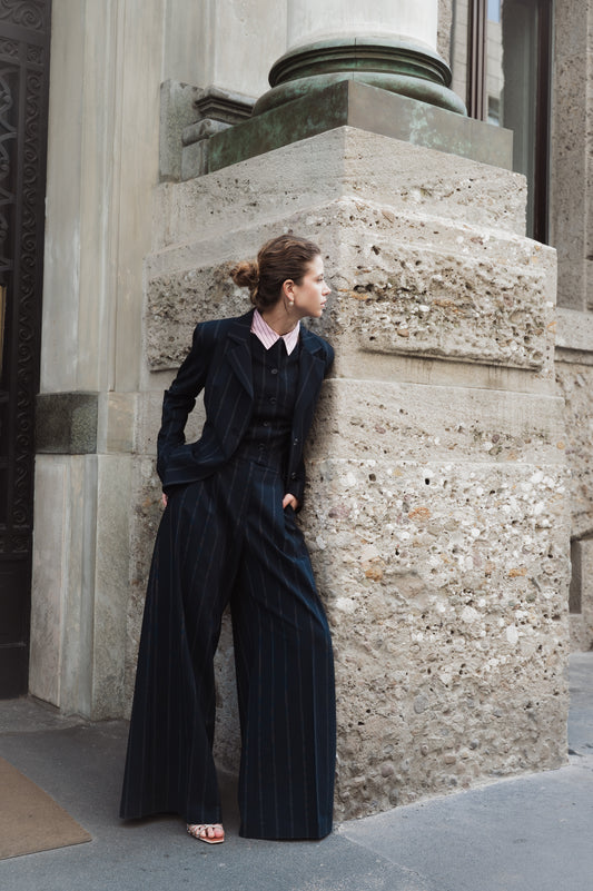 Wide-leg wool trousers in blue pinstripe