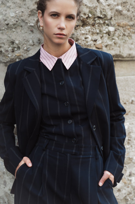 Boat-neck wool vest in blue pinstripe