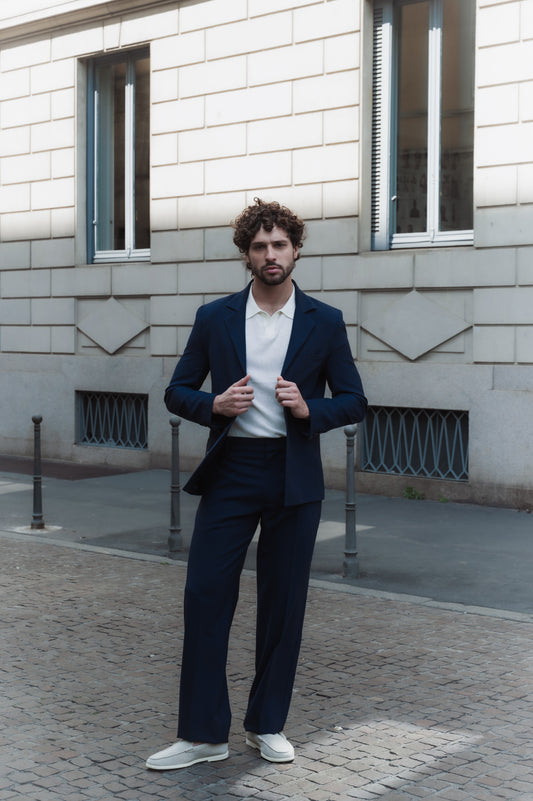 Pantalone morbido in lana trama blu su blu