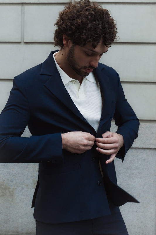 Blazer slim in lana trama blu su blu
