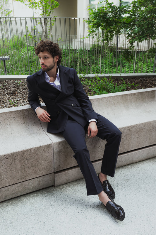 Pantalone dritto in lana blu navy