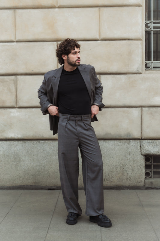 Pantalone con pinces in lana Principe di Galles marrone