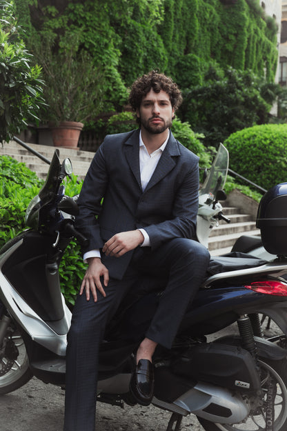 Blazer regular in lana trama blu e bianco