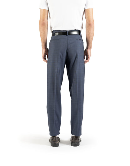 Pantalone dritto con piega stirata in lana trama blu e nero