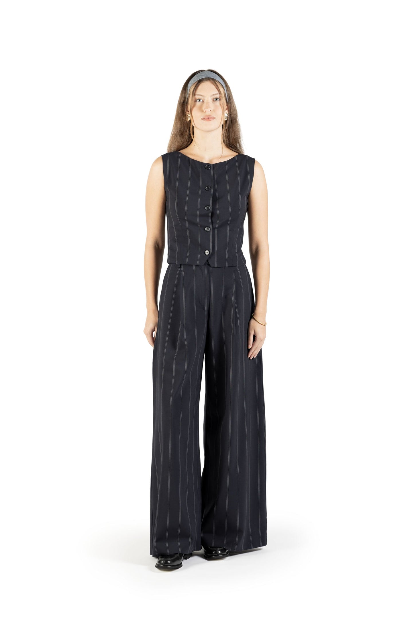Completo gilet e pantalone in lana blu gessato