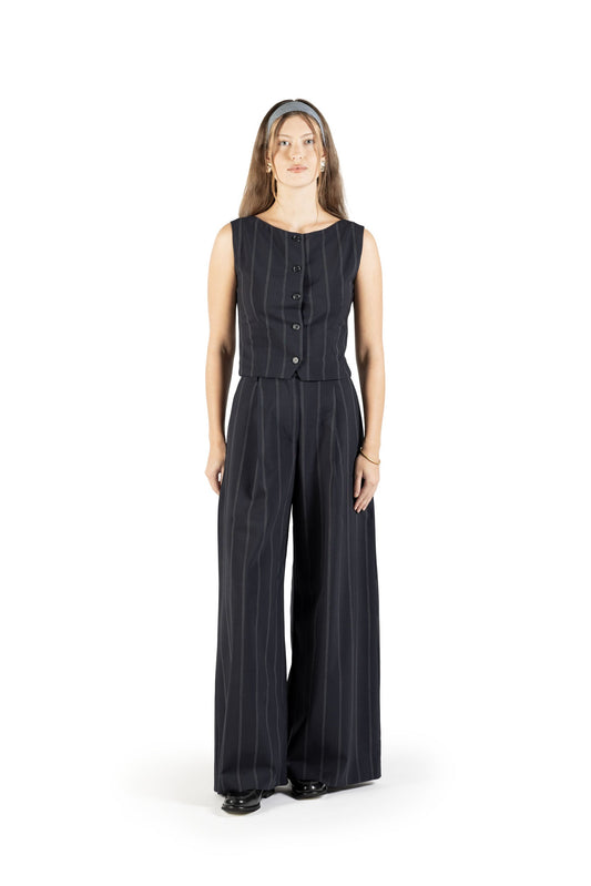 Completo gilet e pantalone in lana blu gessato