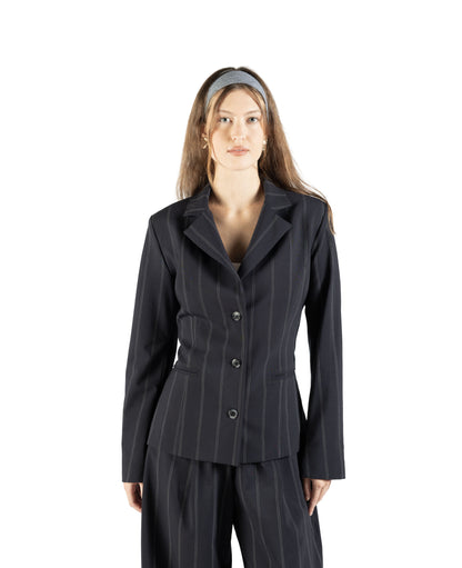 Blazer princess in lana con martingala regolabile blu gessato