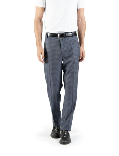 Pantalone dritto con piega stirata in lana trama blu e bianco