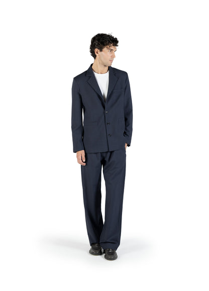 Blazer slim in lana trama blu su blu