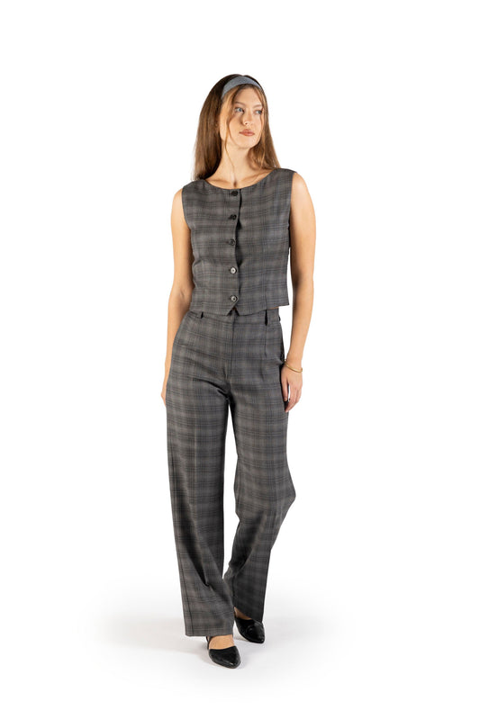 Pantalone dritto in lana grigio con piega stirata fantasia a quadri