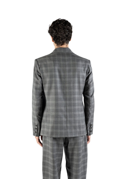Blazer slim in lana grigia fantasia a quadri