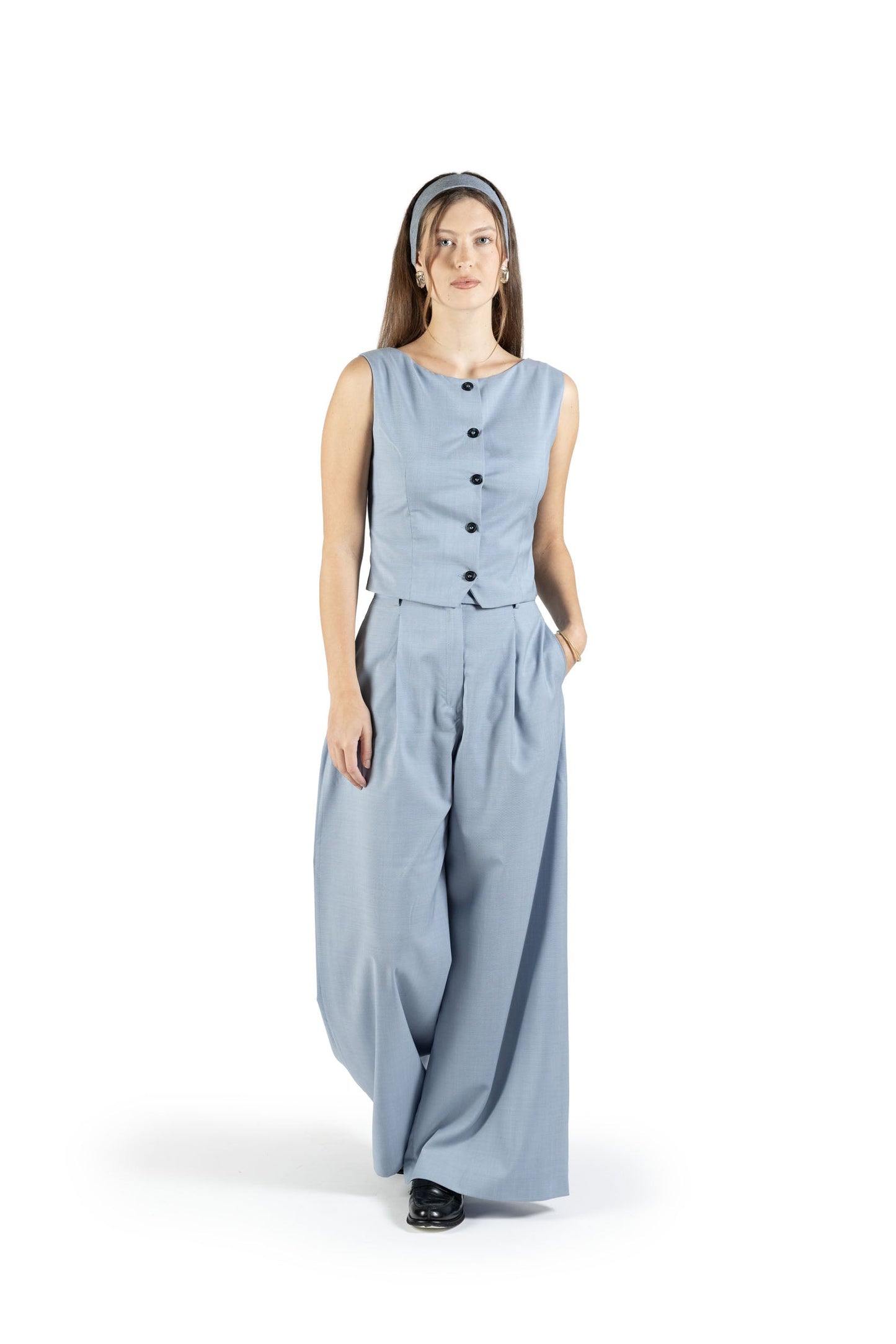 Completo gilet e pantalone in lana azzurro ceruleo