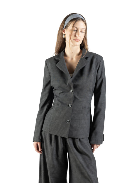 Blazer princess in lana con martingala regolabile trama nero e bianco