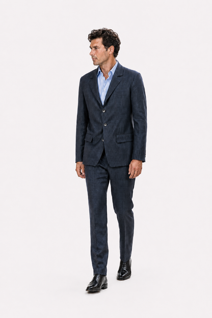 Pantalone dritto con piega stirata in lana trama blu e bianco