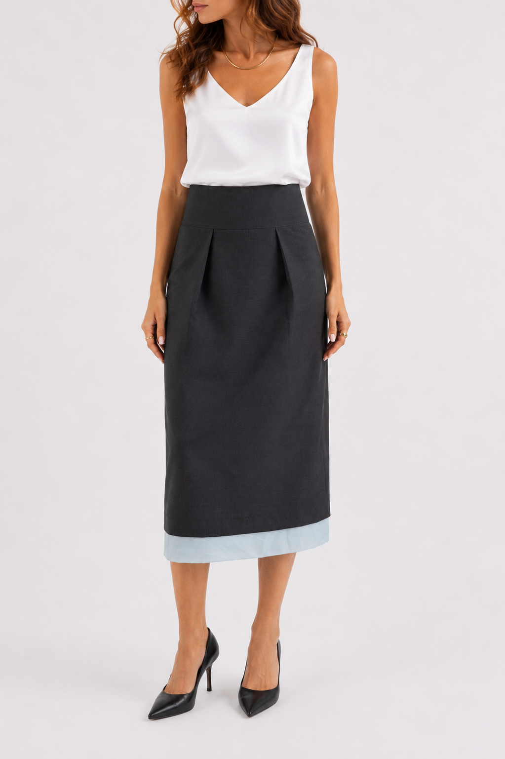High-waist midi wool skirt in grey with exposed light blue lining