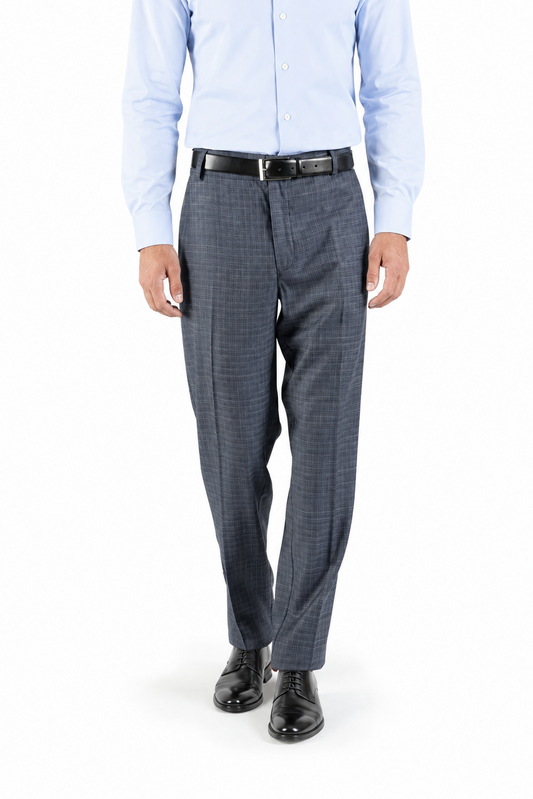 Pantalone dritto con piega stirata in lana trama blu e bianco