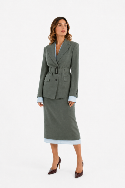 Midi wool skirt in green-and-black weave with exposed light blue lining