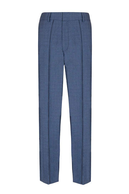 Pantalone dritto con piega stirata in lana trama blu e nero