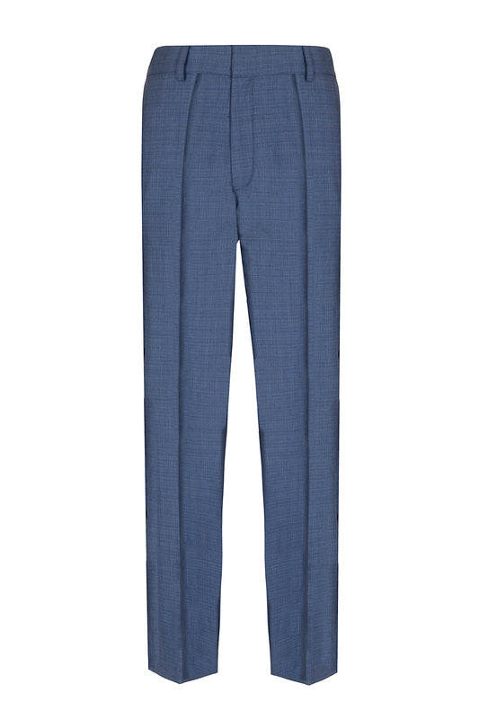 Pantalone dritto con piega stirata in lana trama blu e nero