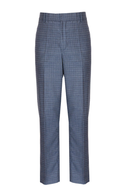 Pantalone dritto con piega stirata in lana trama blu e bianco