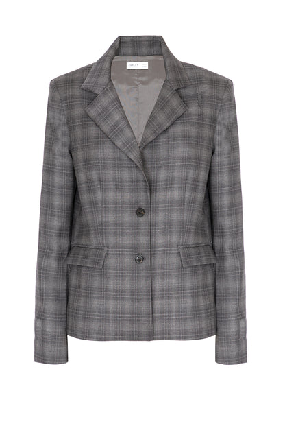 Blazer regular in lana grigia con spacco su manica fantasia a quadri