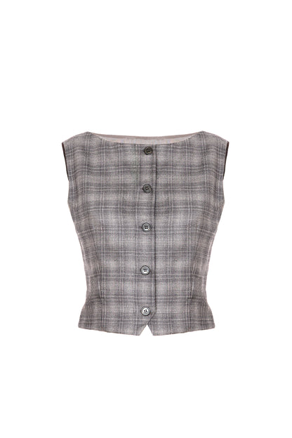 Gilet con scollo a barca in lana grigio con fantasia a quadri