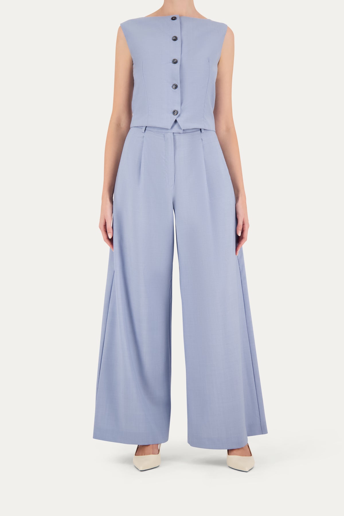 Wide-leg wool trousers in cerulean blue