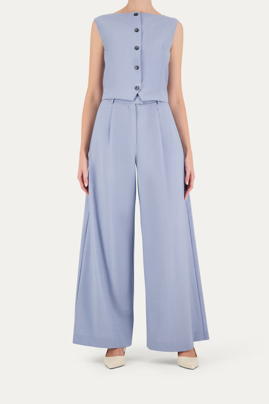 Wide-leg wool trousers in cerulean blue