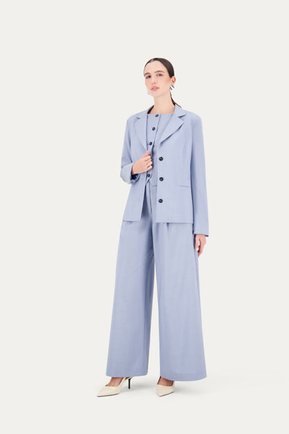 Princess-cut wool blazer with adjustable back belt in cerulean blue
