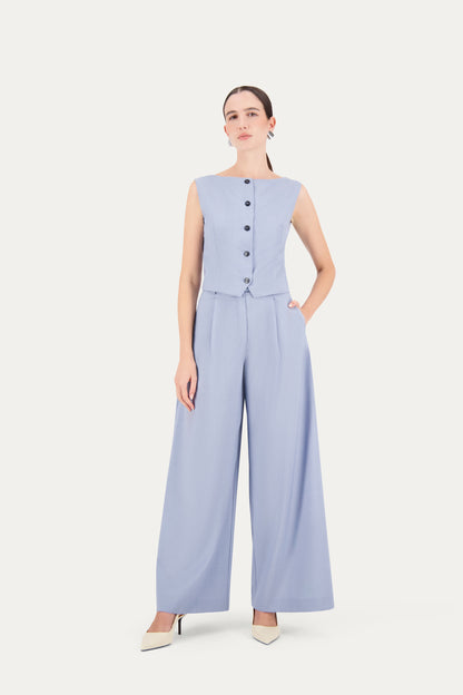 Boat-neck wool vest in cerulean blue