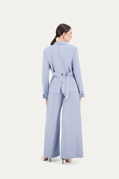 Princess-cut wool blazer with adjustable back belt in cerulean blue