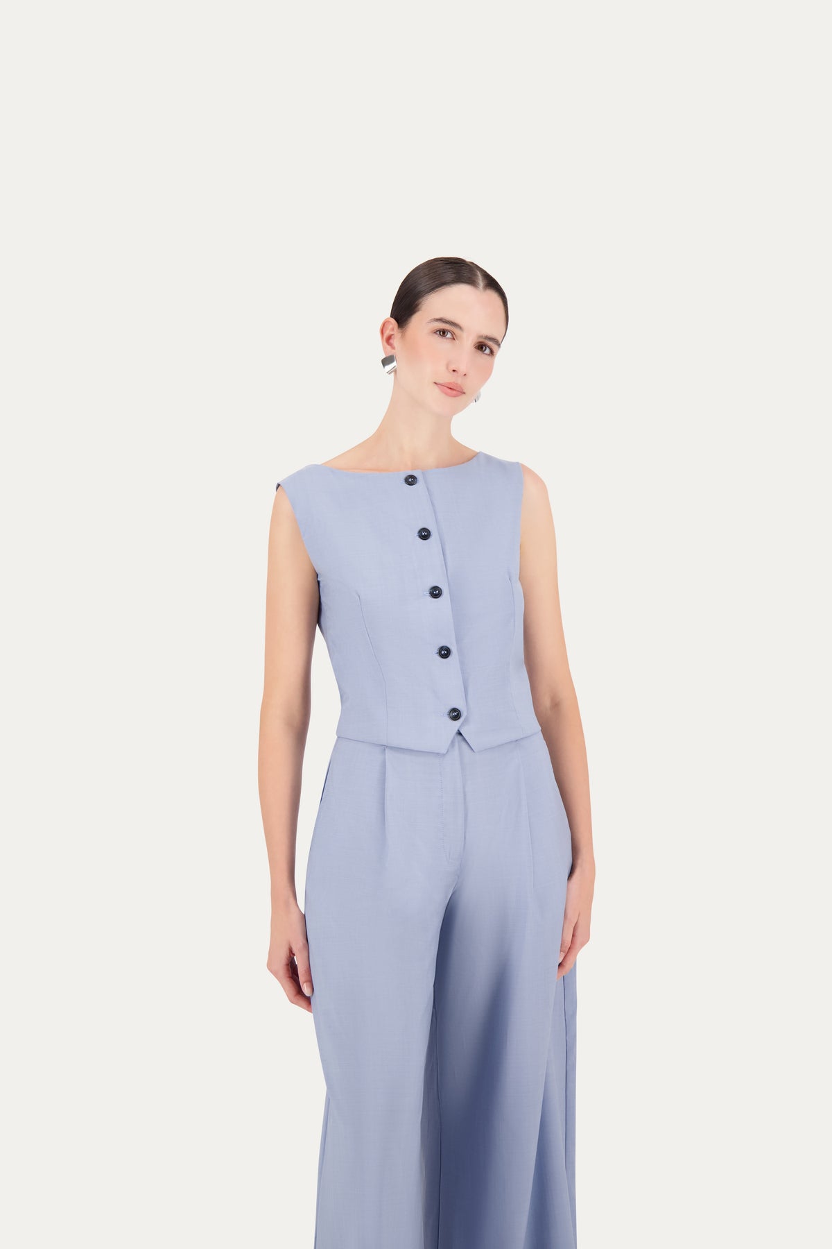 Boat-neck wool vest in cerulean blue