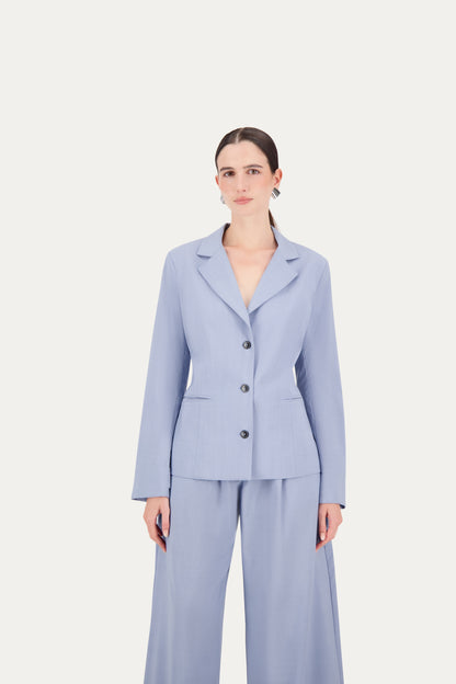 Princess-cut wool blazer with adjustable back belt in cerulean blue