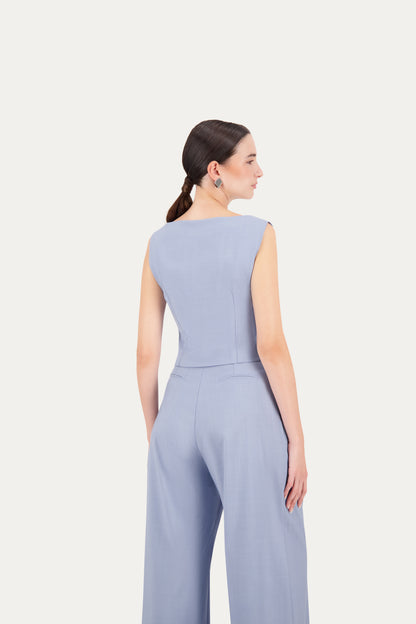 Boat-neck wool vest in cerulean blue