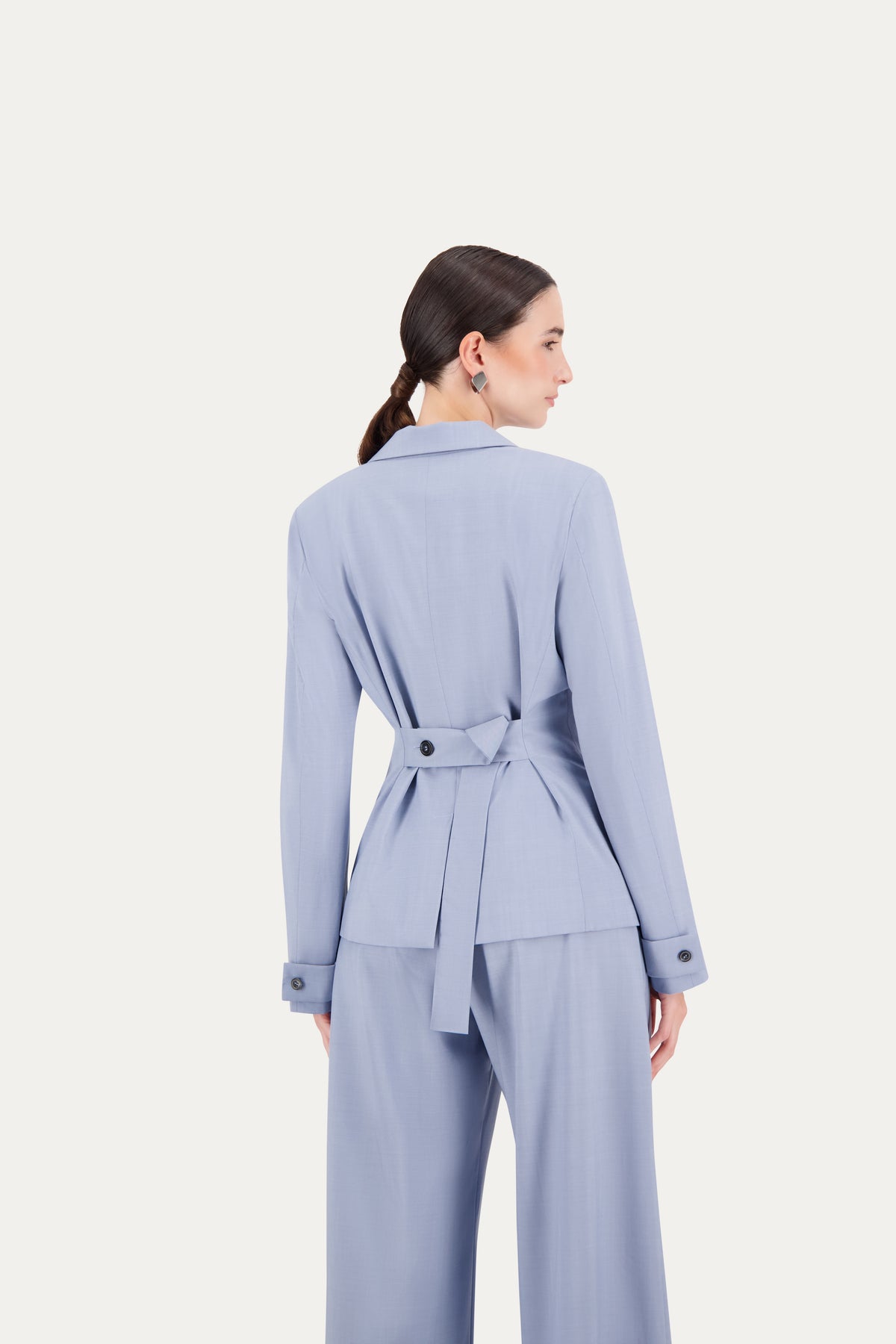 Princess-cut wool blazer with adjustable back belt in cerulean blue