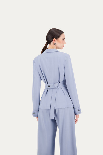Princess-cut wool blazer with adjustable back belt in cerulean blue