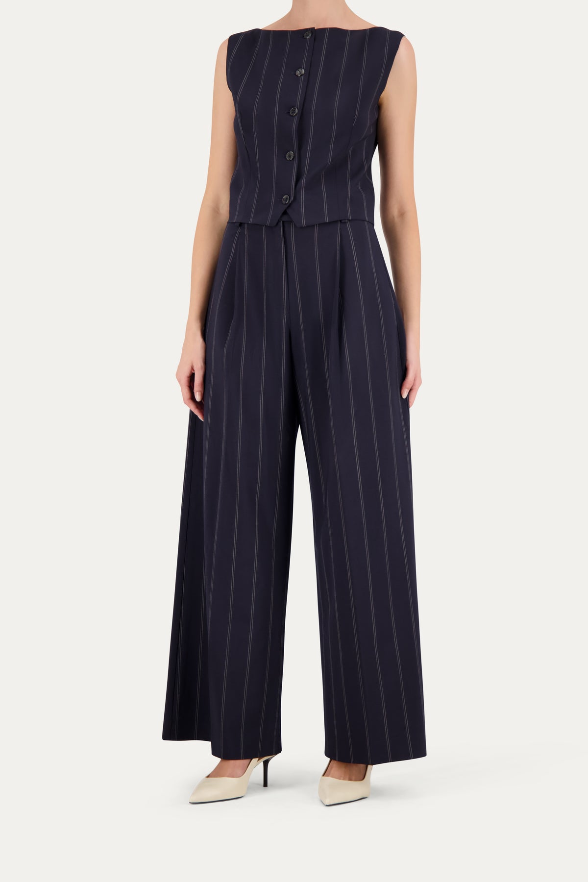 Wide-leg wool trousers in blue pinstripe