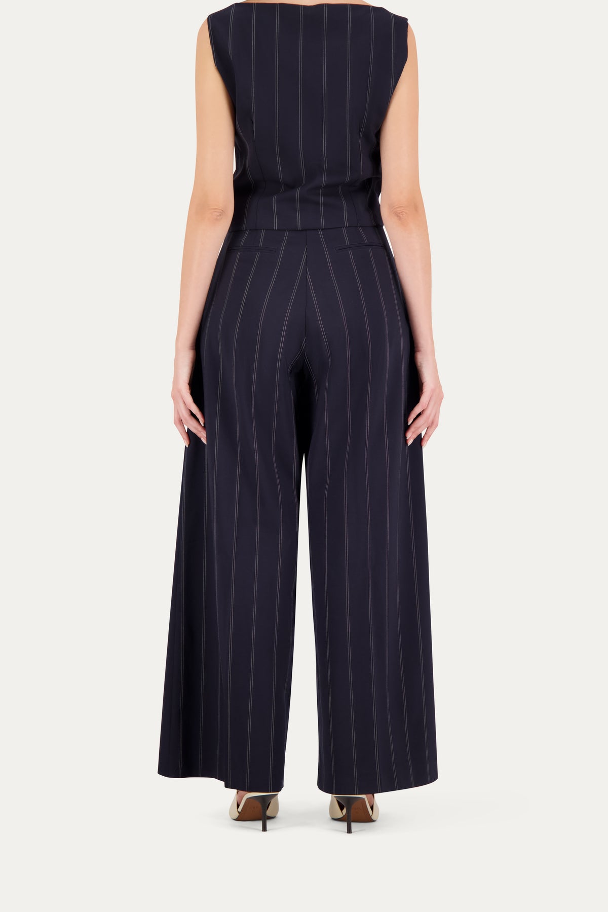 Wide-leg wool trousers in blue pinstripe