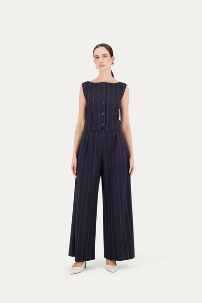 Wide-leg wool trousers in blue pinstripe