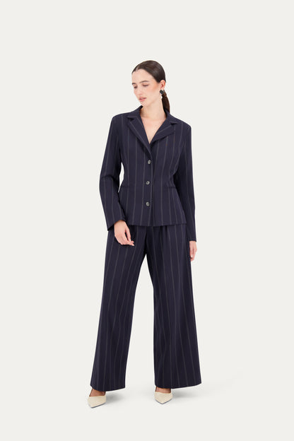Princess-cut wool blazer with adjustable back belt in blue pinstripe