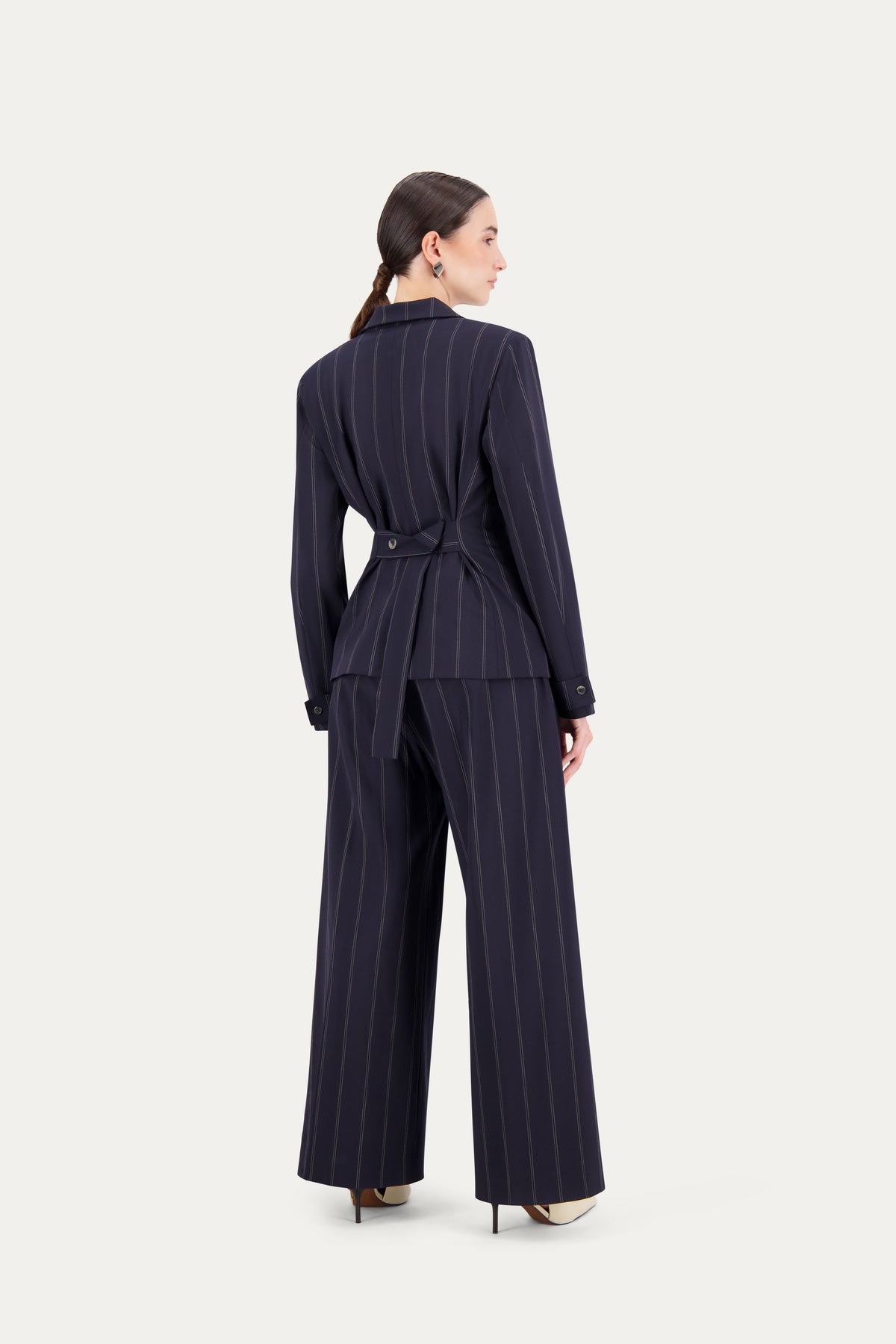 Princess-cut wool blazer with adjustable back belt in blue pinstripe